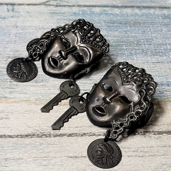 Unique Silver Metalic Mask Earrings with Key and Coin Accents - Picture 4 of 6